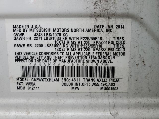 Photo 12 VIN: 4A4AP4AU4EE021820 - MITSUBISHI OUTLANDER 