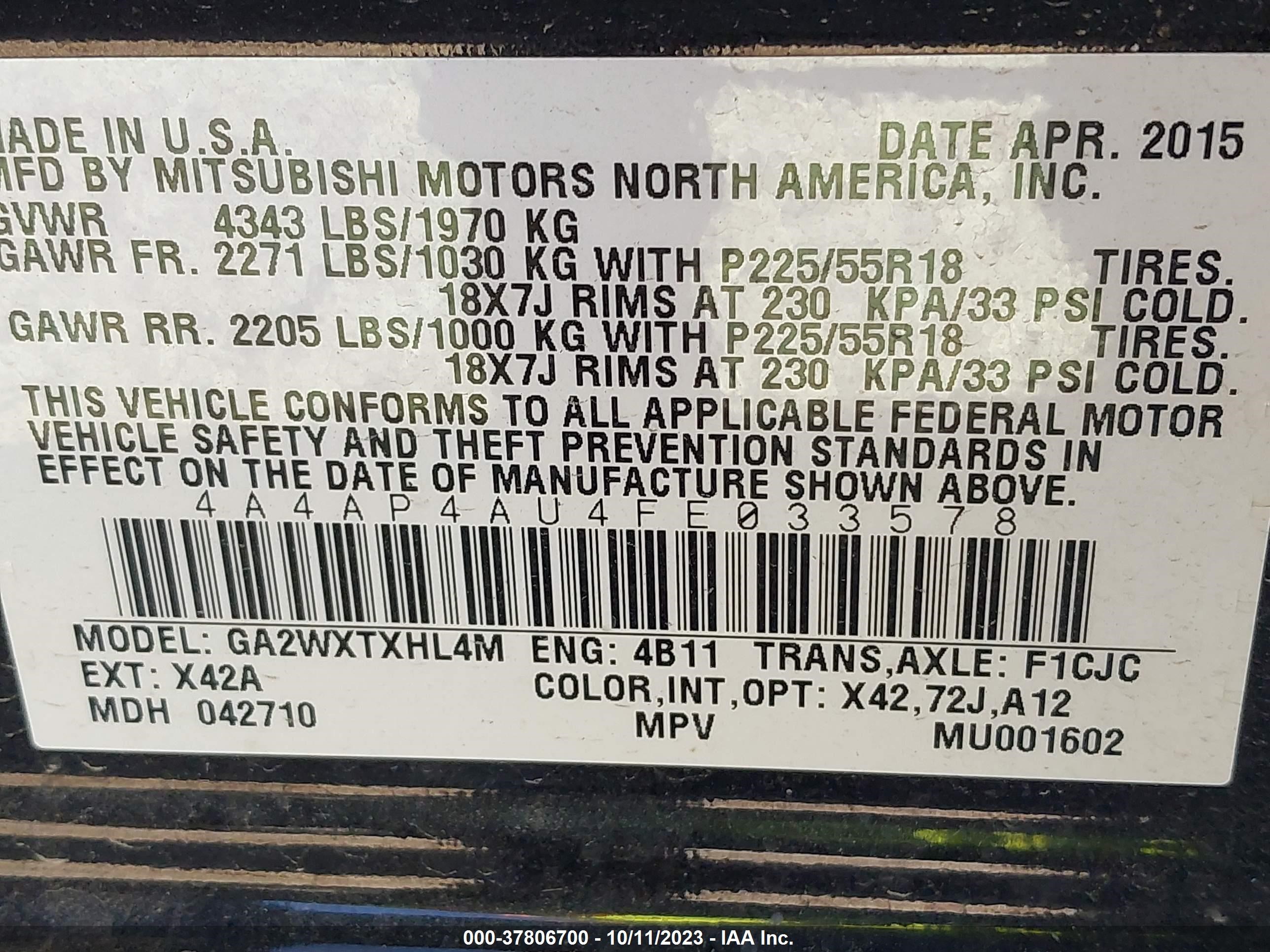 Photo 8 VIN: 4A4AP4AU4FE033578 - MITSUBISHI OUTLANDER 