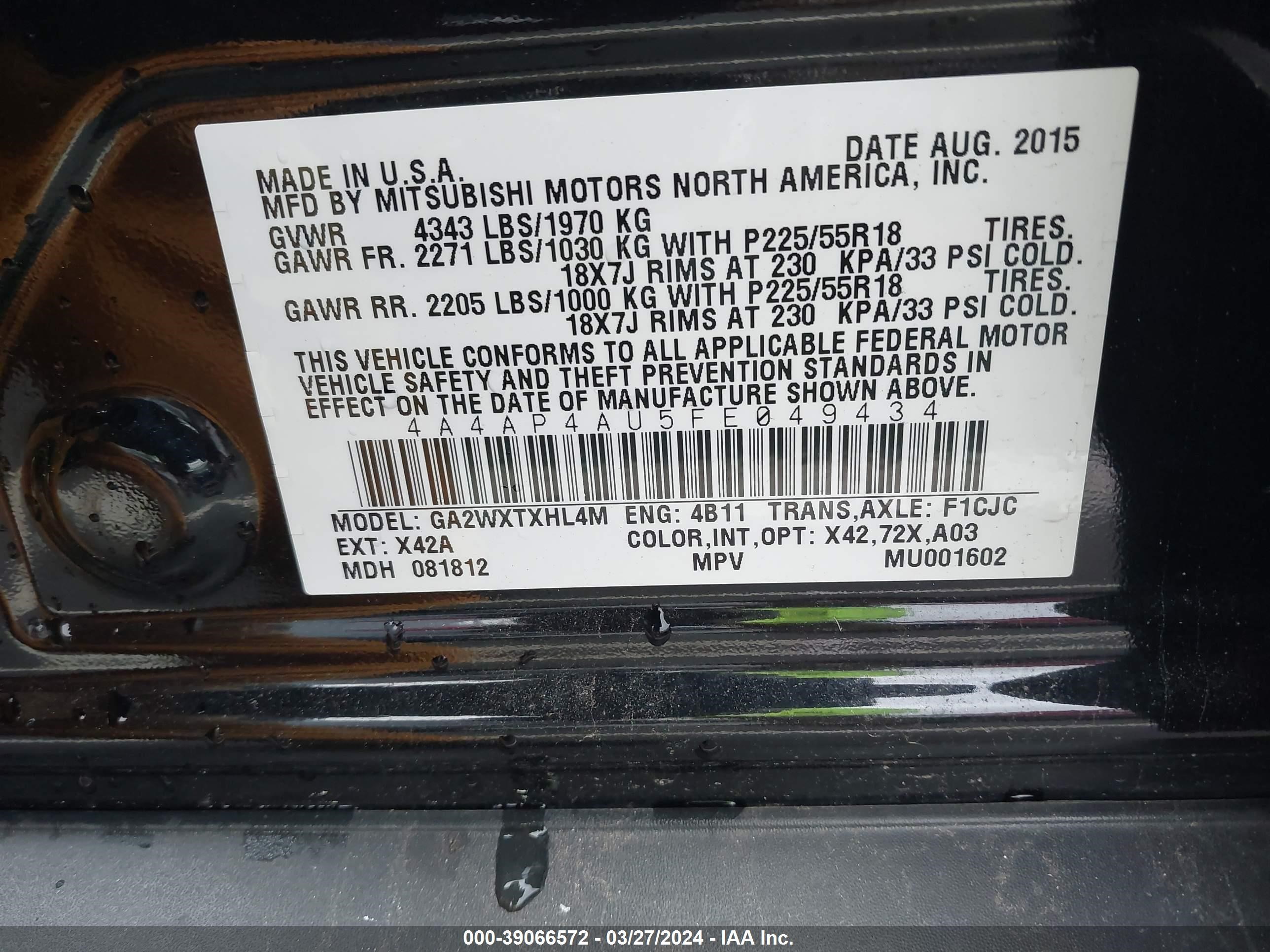 Photo 8 VIN: 4A4AP4AU5FE049434 - MITSUBISHI OUTLANDER SPORT 