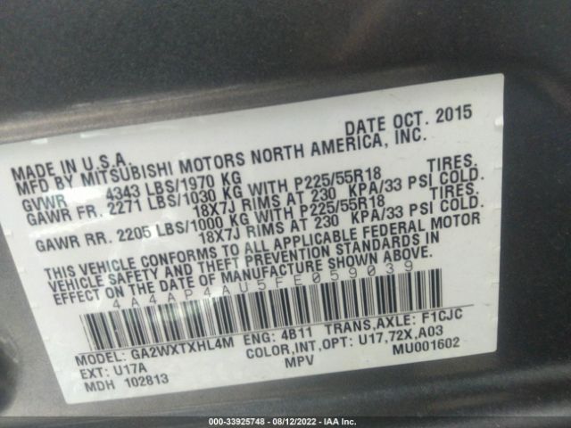 Photo 8 VIN: 4A4AP4AU5FE059039 - MITSUBISHI OUTLANDER SPORT 