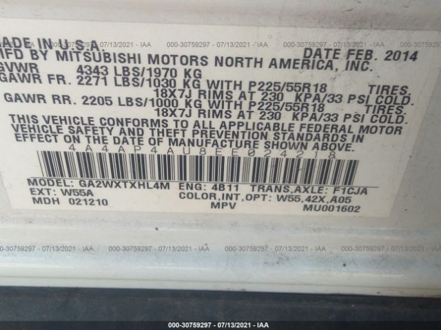 Photo 8 VIN: 4A4AP4AU8EE024218 - MITSUBISHI OUTLANDER SPORT 