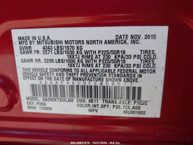 Photo 8 VIN: 4A4AP4AU9FE060677 - MITSUBISHI OUTLANDER SPORT 