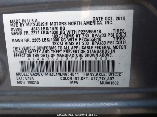 Photo 8 VIN: 4A4AR3AU0FE011940 - MITSUBISHI OUTLANDER SPORT 