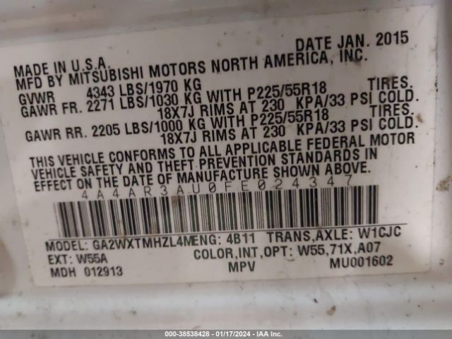 Photo 8 VIN: 4A4AR3AU0FE024347 - MITSUBISHI OUTLANDER SPORT 