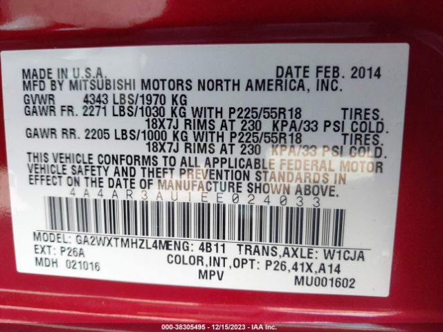 Photo 8 VIN: 4A4AR3AU1EE024033 - MITSUBISHI OUTLANDER SPORT 