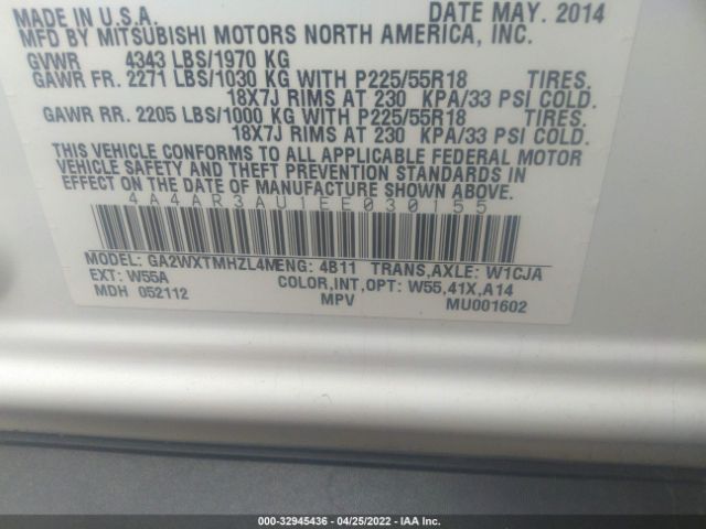 Photo 8 VIN: 4A4AR3AU1EE030155 - MITSUBISHI OUTLANDER SPORT 