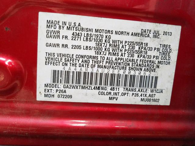 Photo 9 VIN: 4A4AR3AU2EE003062 - MITSUBISHI OUTLANDER 