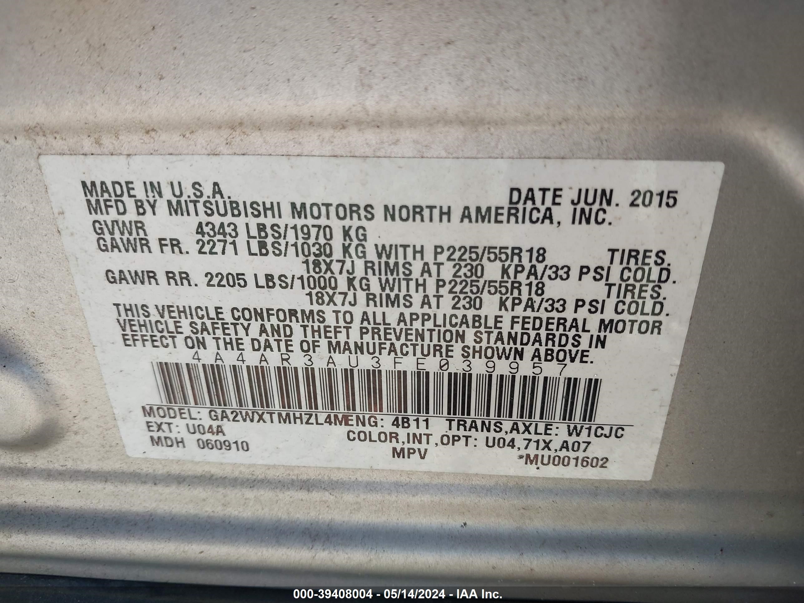 Photo 4 VIN: 4A4AR3AU3FE039957 - MITSUBISHI OUTLANDER 