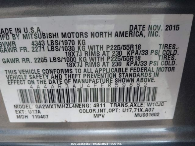 Photo 8 VIN: 4A4AR3AU4FE059862 - MITSUBISHI OUTLANDER SPORT 