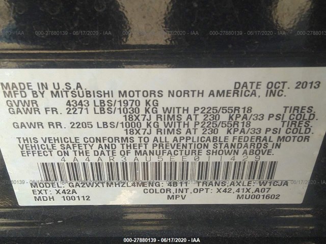 Photo 8 VIN: 4A4AR3AU5EE011429 - MITSUBISHI OUTLANDER 