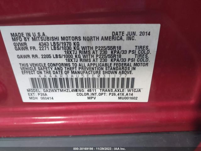 Photo 8 VIN: 4A4AR3AU5EE031177 - MITSUBISHI OUTLANDER SPORT 