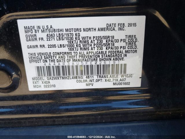 Photo 8 VIN: 4A4AR3AU5FE026191 - MITSUBISHI OUTLANDER SPORT 