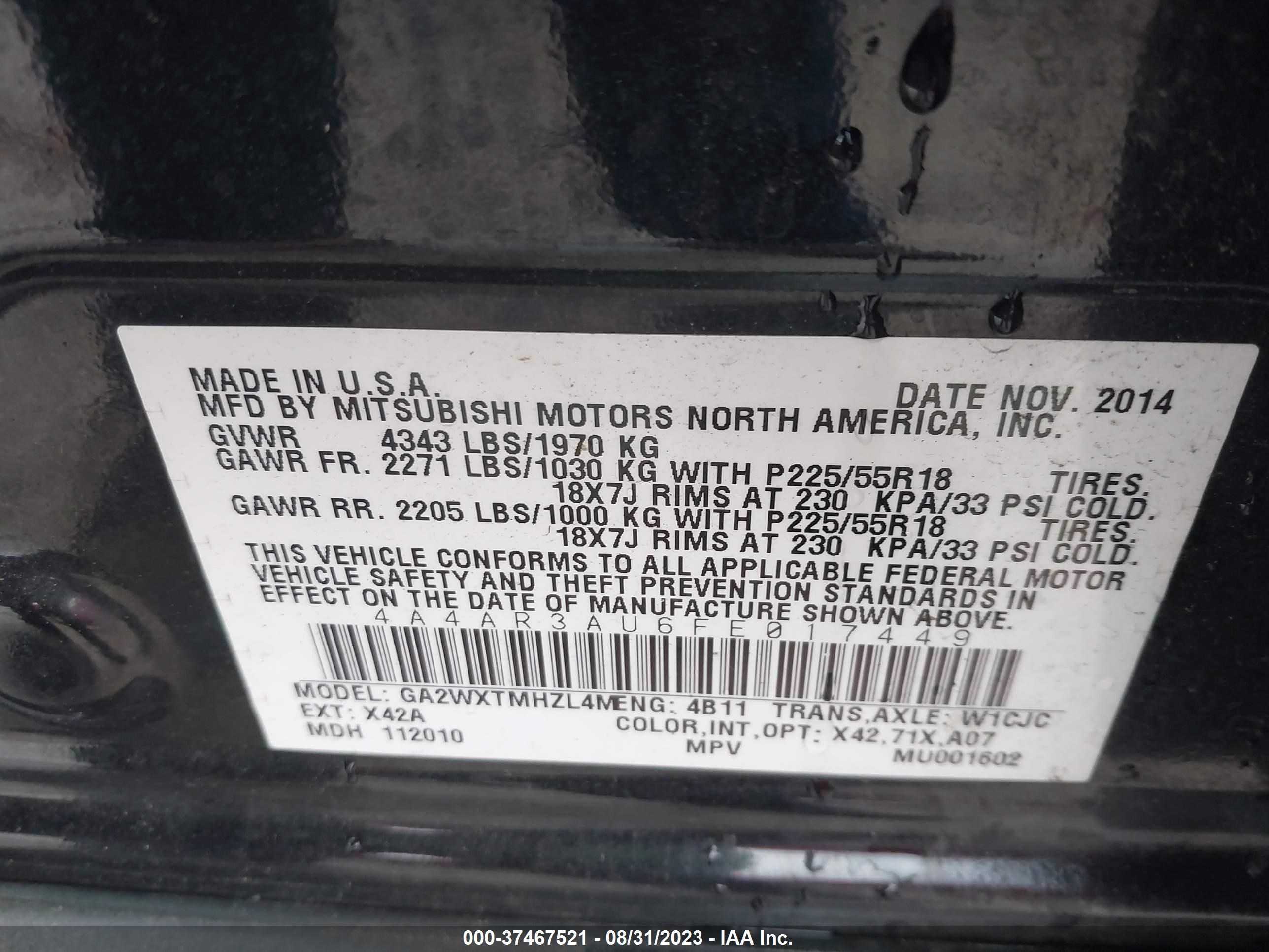 Photo 8 VIN: 4A4AR3AU6FE017449 - MITSUBISHI OUTLANDER 