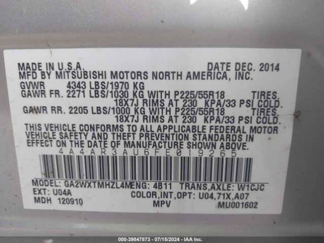 Photo 8 VIN: 4A4AR3AU6FE019265 - MITSUBISHI OUTLANDER SPORT 