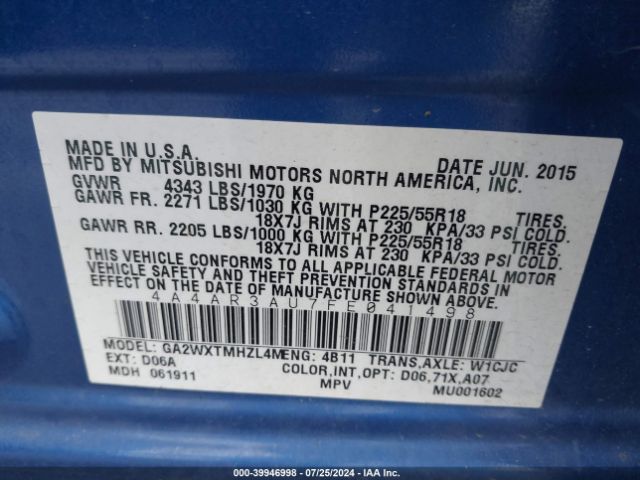 Photo 8 VIN: 4A4AR3AU7FE041498 - MITSUBISHI OUTLANDER SPORT 