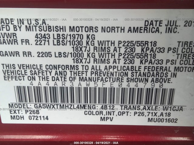 Photo 8 VIN: 4A4AR3AW5FE044790 - MITSUBISHI OUTLANDER SPORT 