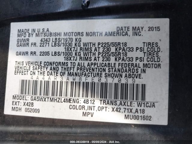 Photo 8 VIN: 4A4AR3AW8FE037039 - MITSUBISHI OUTLANDER SPORT 