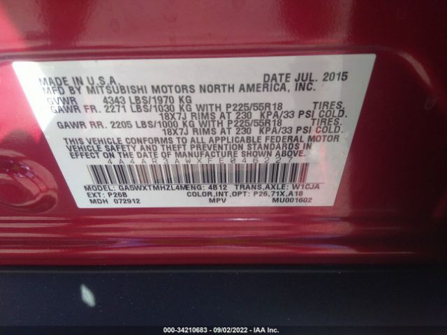 Photo 8 VIN: 4A4AR3AWXFE046227 - MITSUBISHI OUTLANDER SPORT 