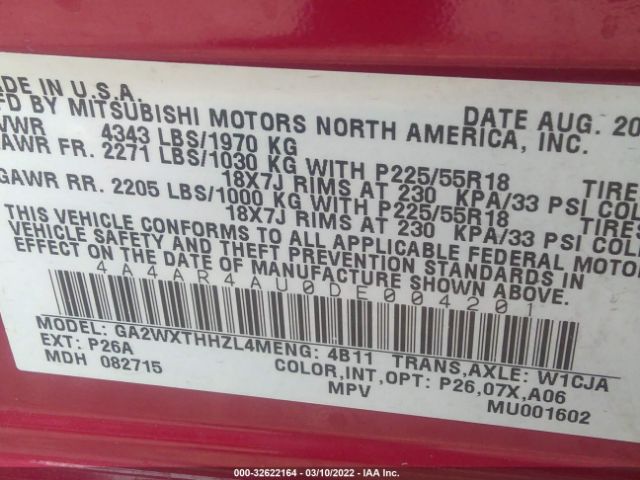 Photo 8 VIN: 4A4AR4AU0DE004201 - MITSUBISHI OUTLANDER SPORT 