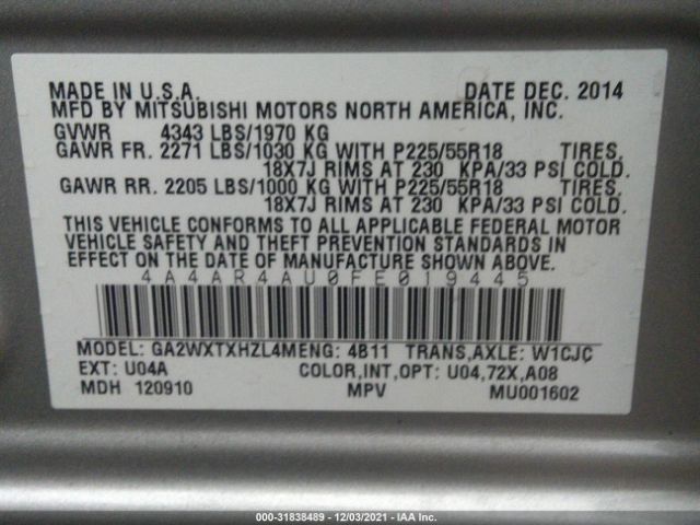 Photo 8 VIN: 4A4AR4AU0FE019445 - MITSUBISHI OUTLANDER SPORT 