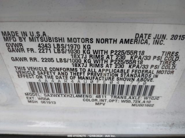 Photo 8 VIN: 4A4AR4AU0FE041770 - MITSUBISHI OUTLANDER SPORT 