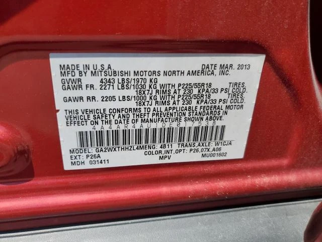 Photo 12 VIN: 4A4AR4AU1DE017538 - MITSUBISHI OUTLANDER 