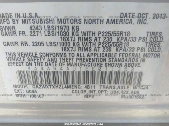 Photo 8 VIN: 4A4AR4AU1EE011353 - MITSUBISHI OUTLANDER SPORT 