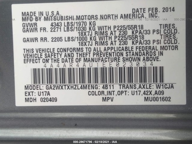 Photo 8 VIN: 4A4AR4AU1EE023034 - MITSUBISHI OUTLANDER SPORT 