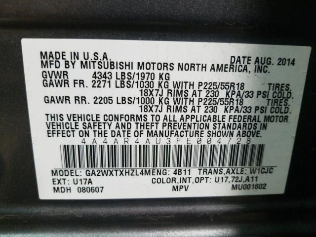 Photo 9 VIN: 4A4AR4AU3FE004728 - MITSUBISHI OUTLANDER 