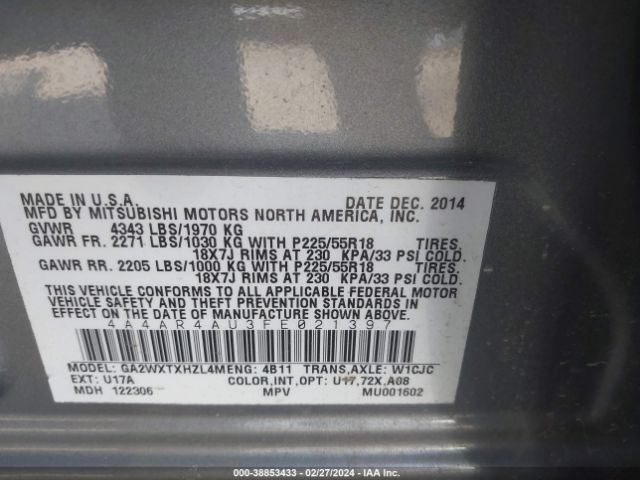 Photo 8 VIN: 4A4AR4AU3FE021397 - MITSUBISHI OUTLANDER SPORT 