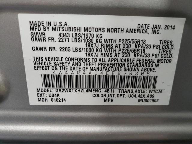 Photo 12 VIN: 4A4AR4AU4EE020306 - MITSUBISHI OUTLANDER 