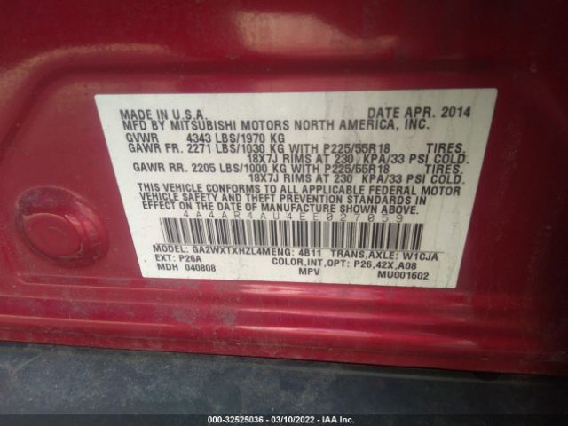 Photo 8 VIN: 4A4AR4AU4EE027059 - MITSUBISHI OUTLANDER SPORT 