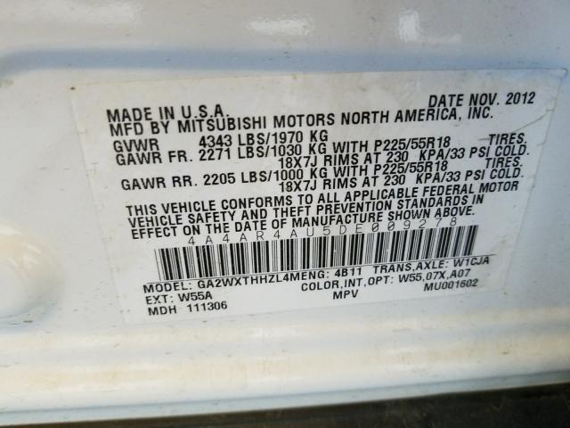 Photo 9 VIN: 4A4AR4AU5DE009278 - MITSUBISHI OUTLANDER 