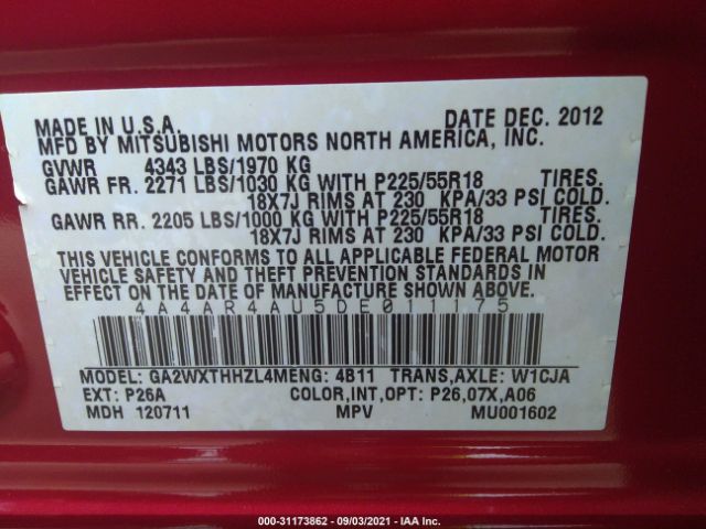 Photo 8 VIN: 4A4AR4AU5DE011175 - MITSUBISHI OUTLANDER SPORT 