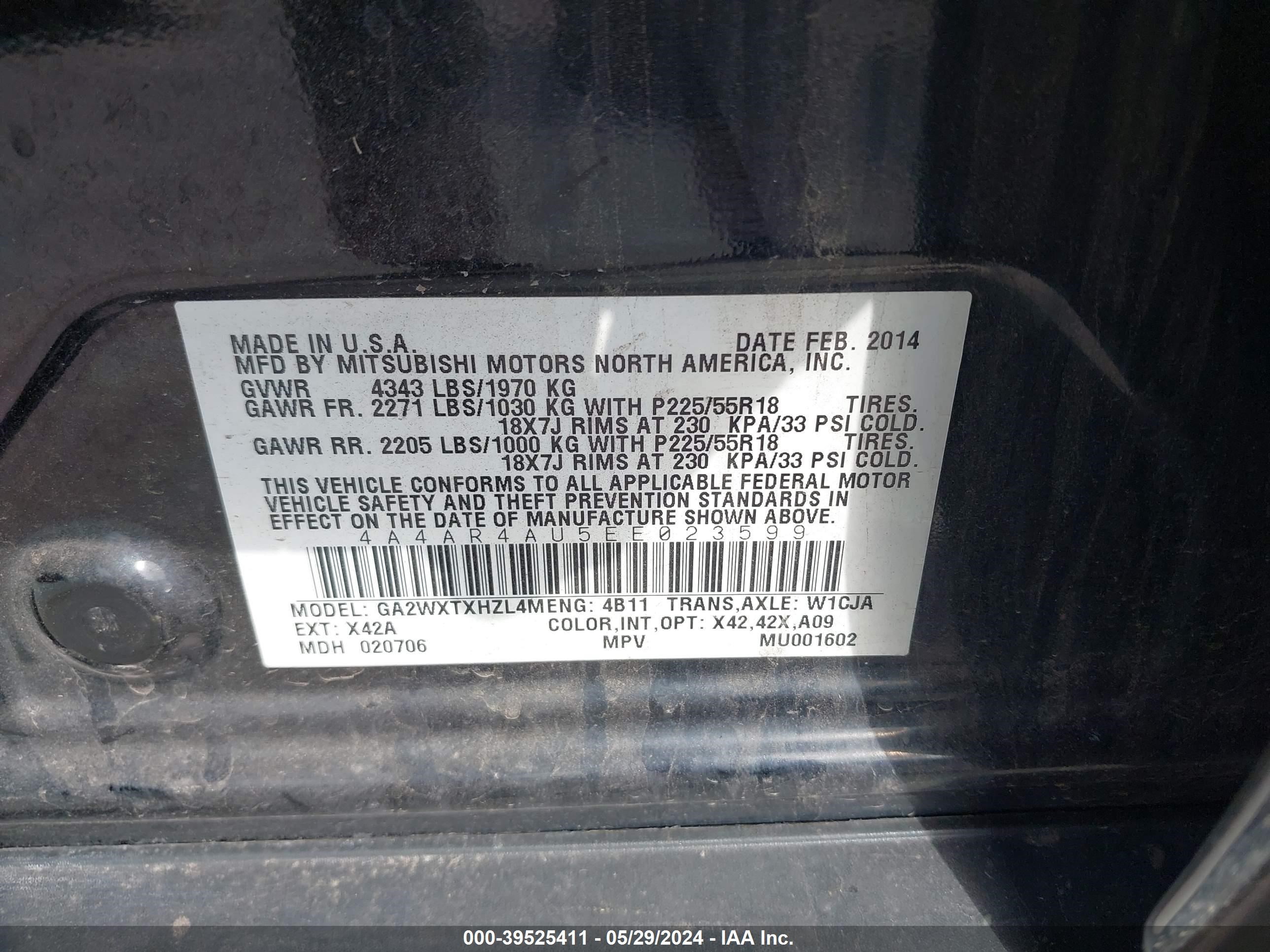 Photo 8 VIN: 4A4AR4AU5EE023599 - MITSUBISHI OUTLANDER 