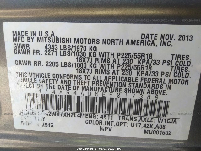 Photo 8 VIN: 4A4AR4AU6EE017388 - MITSUBISHI OUTLANDER SPORT 