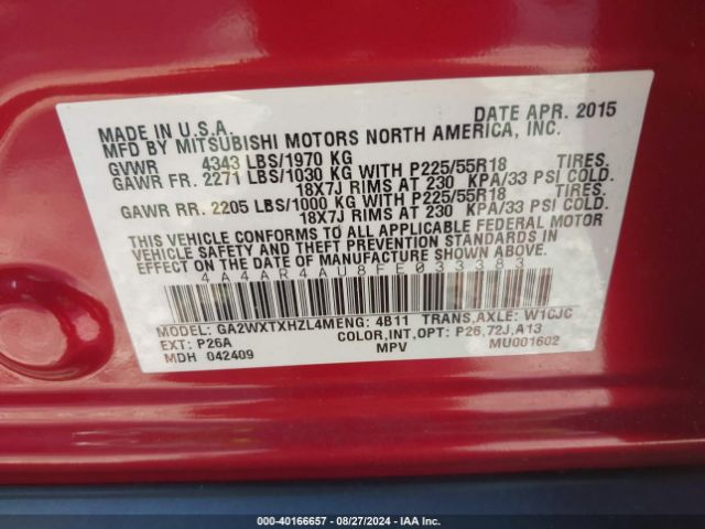 Photo 8 VIN: 4A4AR4AU8FE033383 - MITSUBISHI OUTLANDER SPORT 