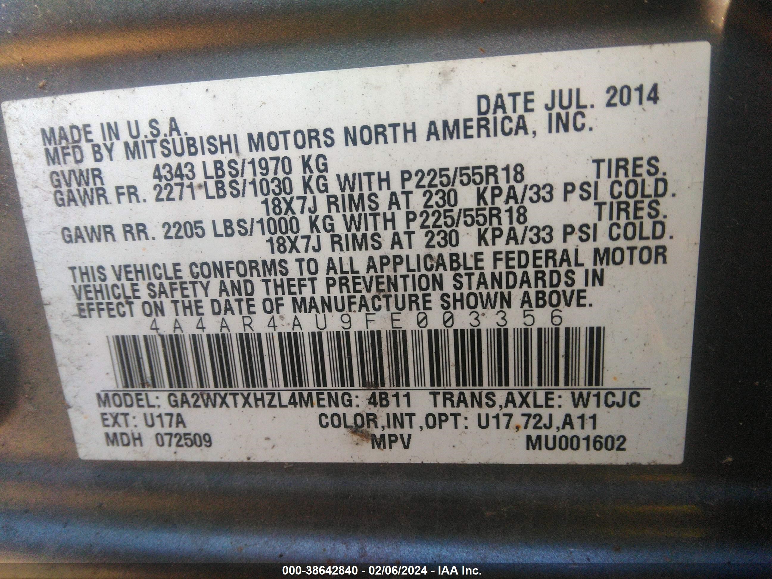 Photo 8 VIN: 4A4AR4AU9FE003356 - MITSUBISHI OUTLANDER 