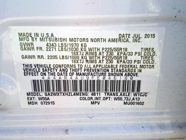 Photo 9 VIN: 4A4AR4AU9FE046160 - MITSUBISHI OUTLANDER 