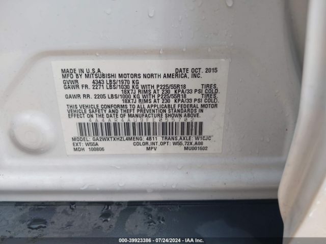 Photo 8 VIN: 4A4AR4AU9FE055702 - MITSUBISHI OUTLANDER SPORT 