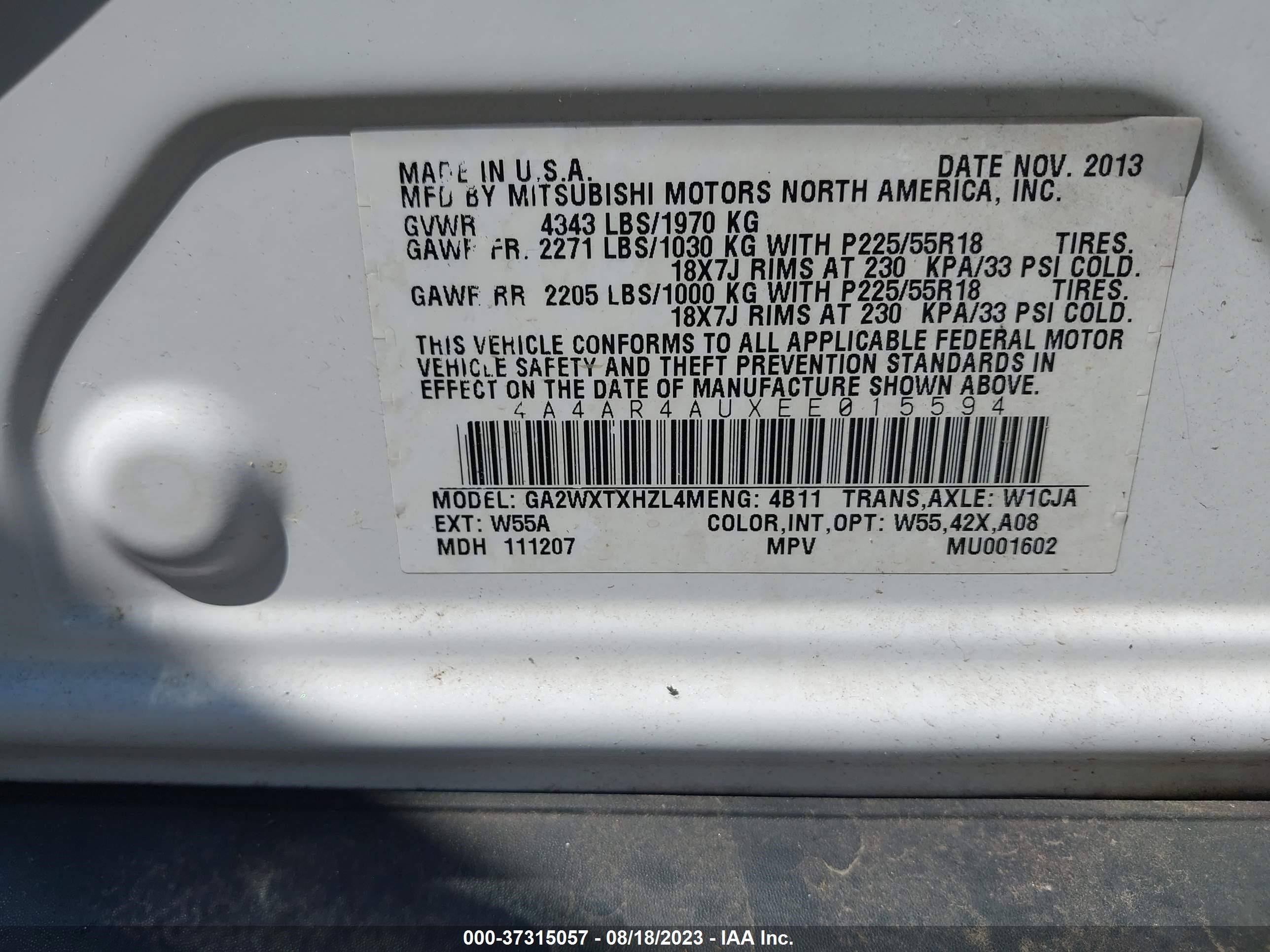 Photo 8 VIN: 4A4AR4AUXEE015594 - MITSUBISHI OUTLANDER 