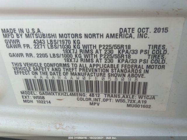 Photo 8 VIN: 4A4AR4AW0FE058098 - MITSUBISHI OUTLANDER SPORT 