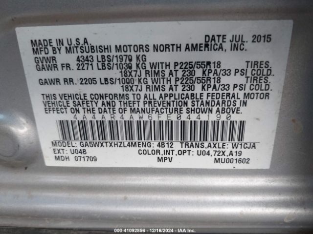 Photo 8 VIN: 4A4AR4AW6FE044190 - MITSUBISHI OUTLANDER SPORT 