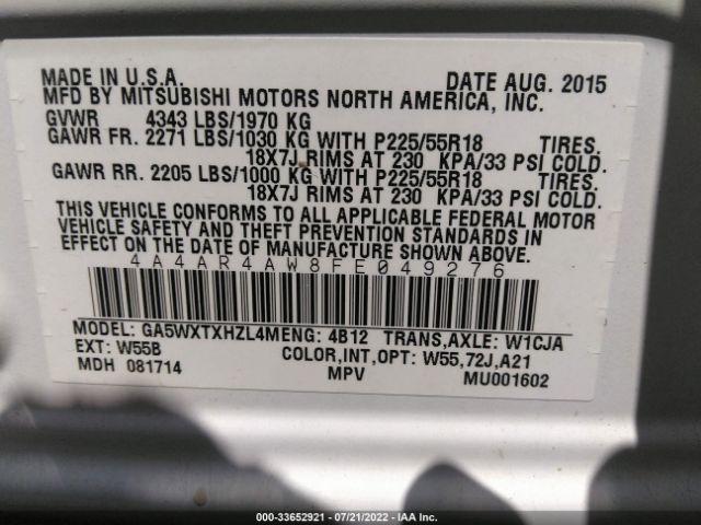 Photo 8 VIN: 4A4AR4AW8FE049276 - MITSUBISHI OUTLANDER SPORT 