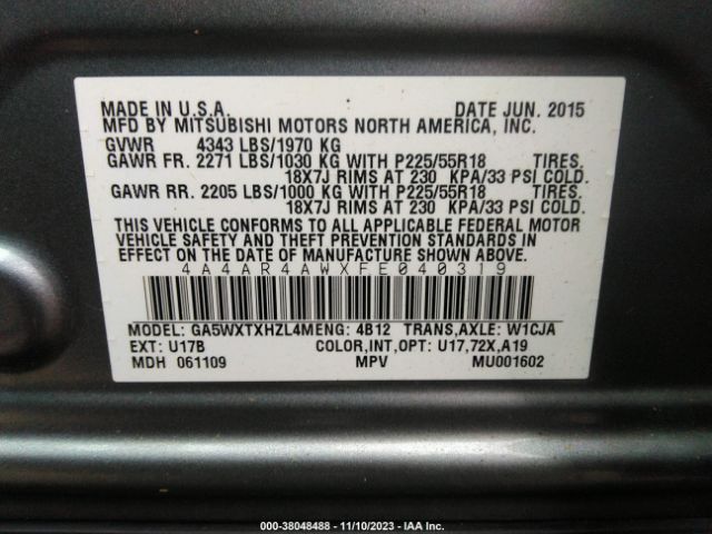 Photo 8 VIN: 4A4AR4AWXFE040319 - MITSUBISHI OUTLANDER SPORT 