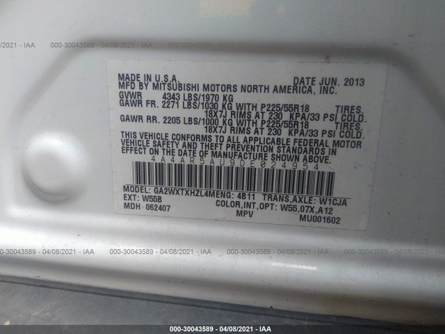 Photo 8 VIN: 4A4AR5AU9DE024954 - MITSUBISHI OUTLANDER SPORT 