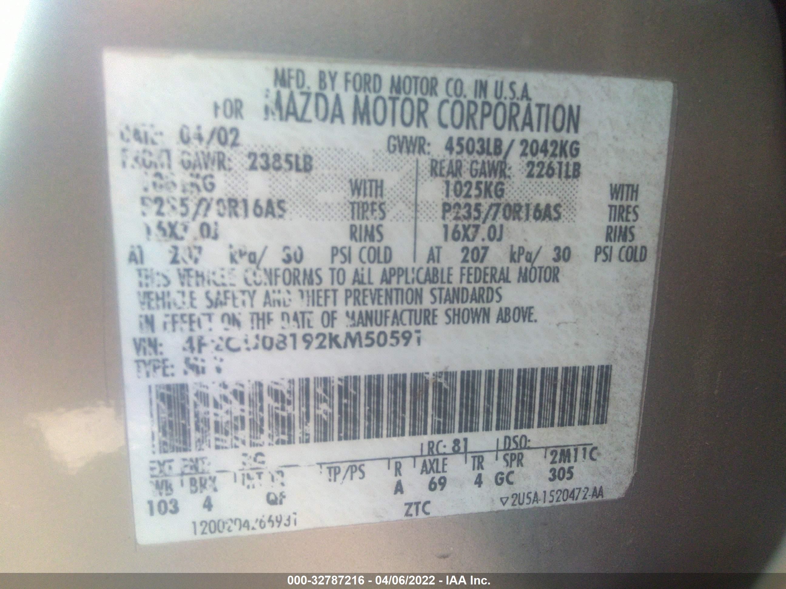 Photo 8 VIN: 4F2CU08192KM50591 - MAZDA TRIBUTE 