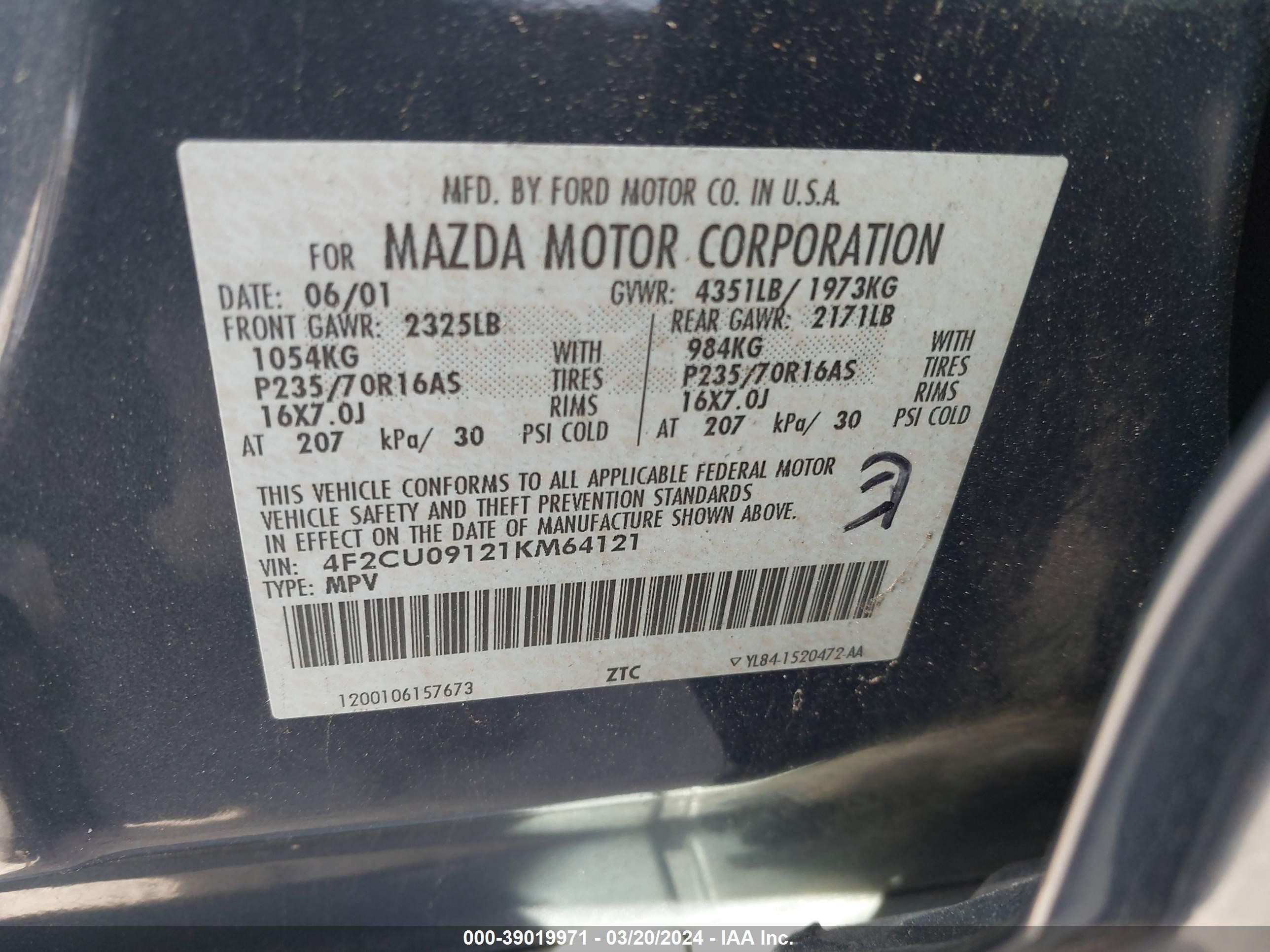 Photo 8 VIN: 4F2CU09121KM64121 - MAZDA TRIBUTE 