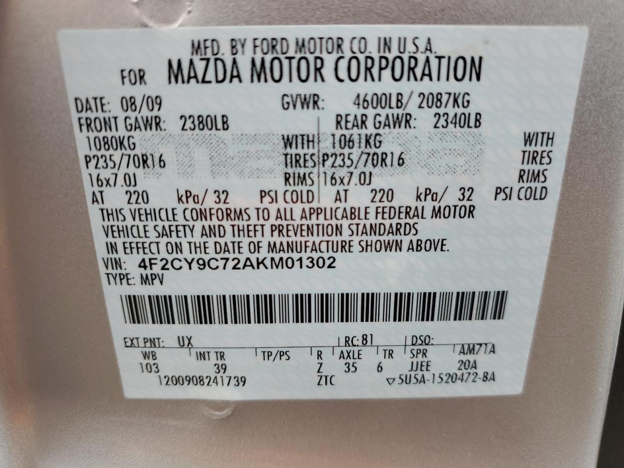 Photo 12 VIN: 4F2CY9C72AKM01302 - MAZDA TRIBUTE 