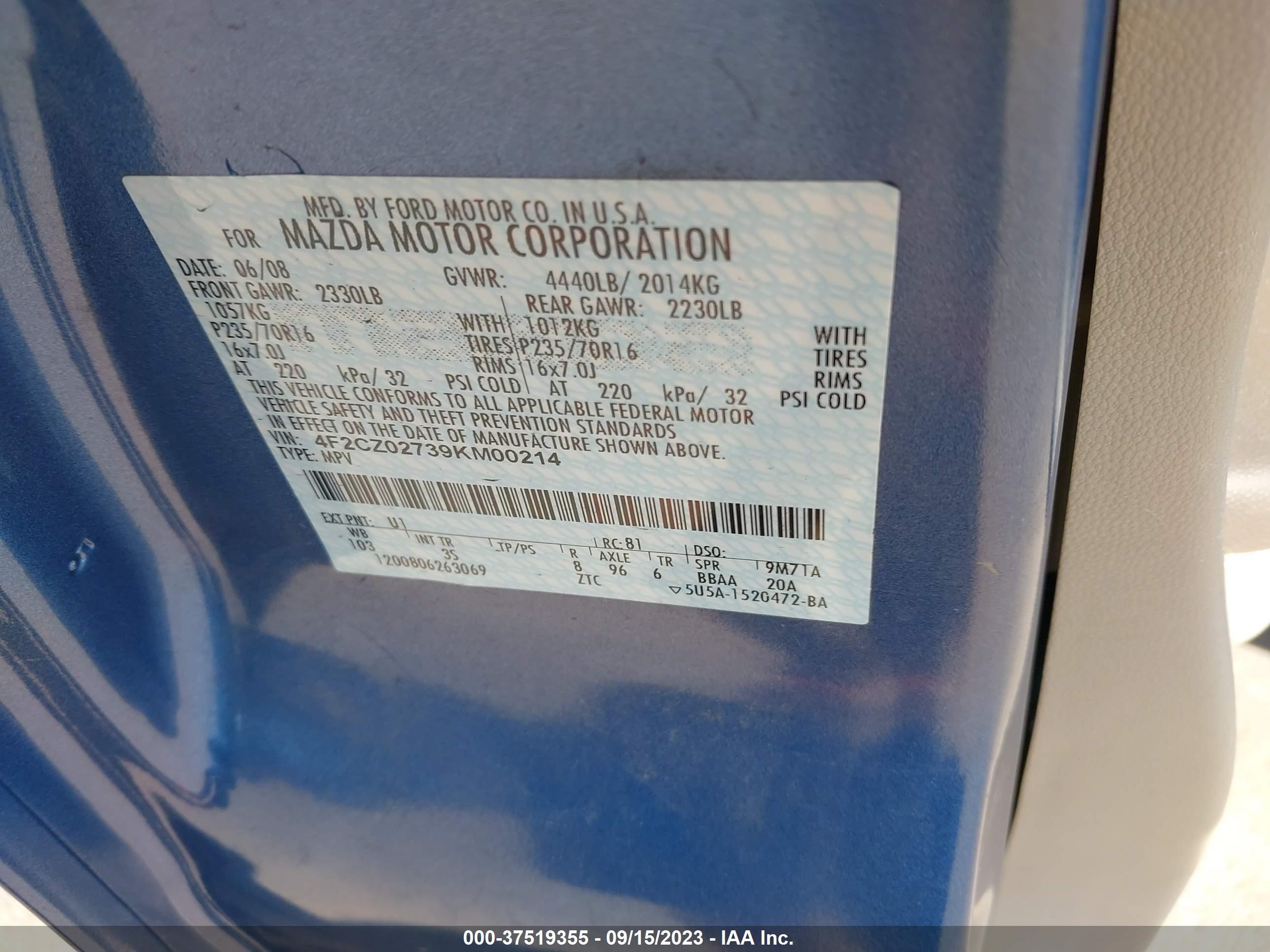 Photo 8 VIN: 4F2CZ02739KM00214 - MAZDA TRIBUTE 